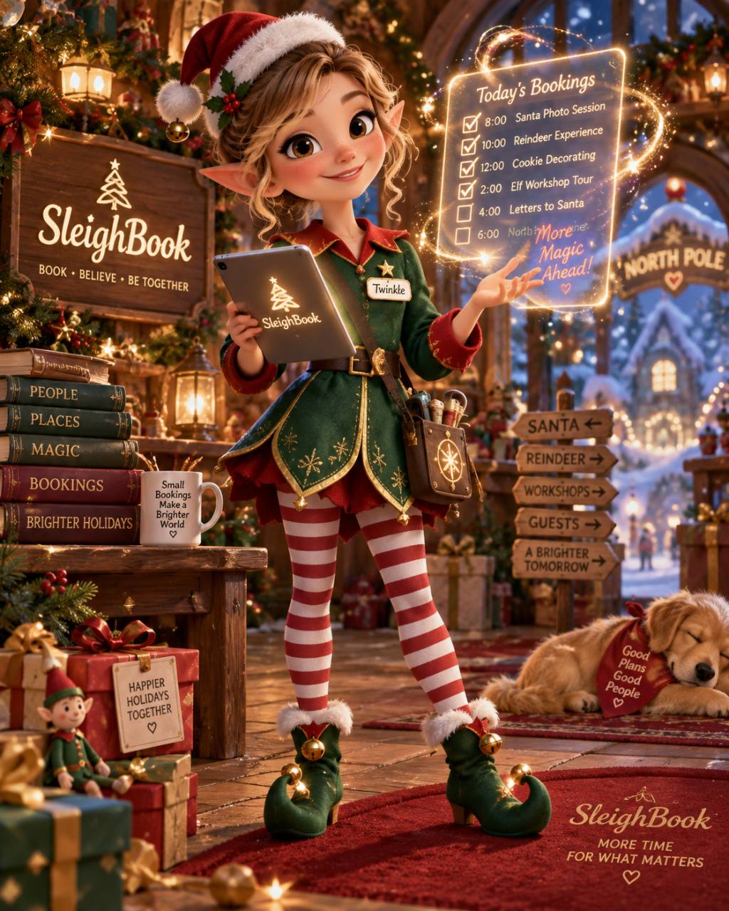 Twinkle, Santa’s elf, organizing Christmas bookings in a warm North Pole workshop